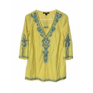 Boston Proper Blouse XXS Woven Metallic Beaded Ebroidered Boho Side Slit Beach